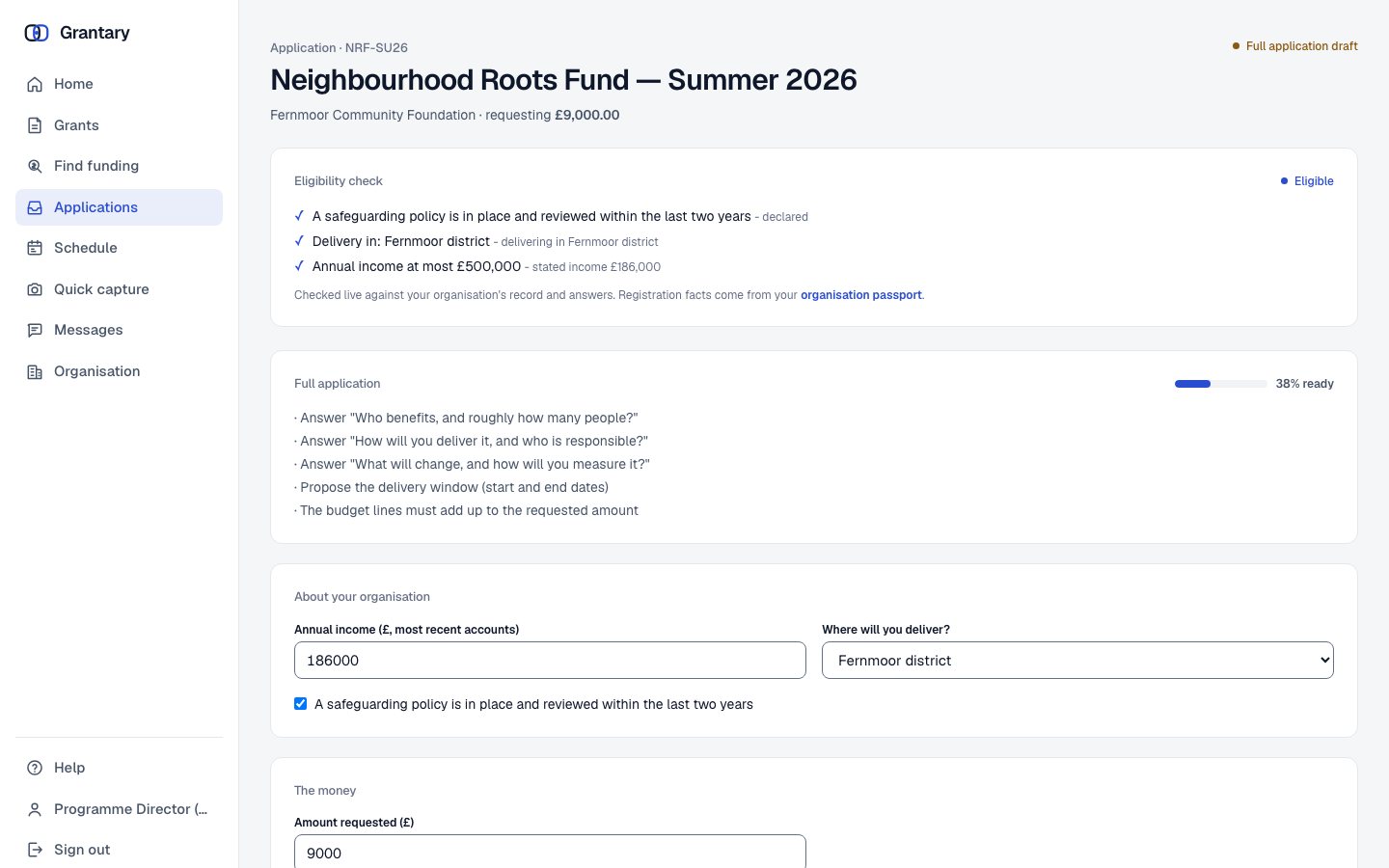 A grantee's application in progress: the eligibility check passed and the full application 38 percent ready