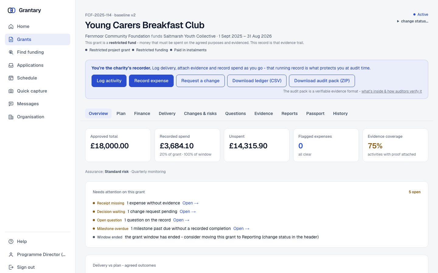 A grant as the grantee sees it, with flagged spend