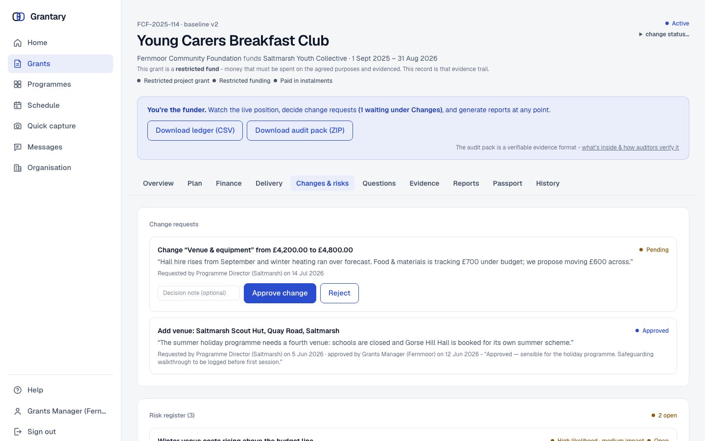 The changes and risks tab: a pending change request with approve and reject, and an approved venue change with its decision note