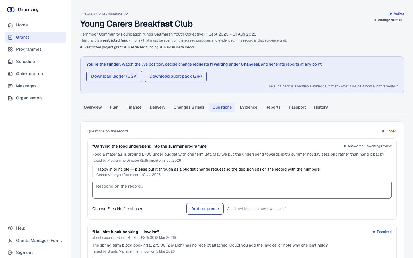 The questions tab of a grant