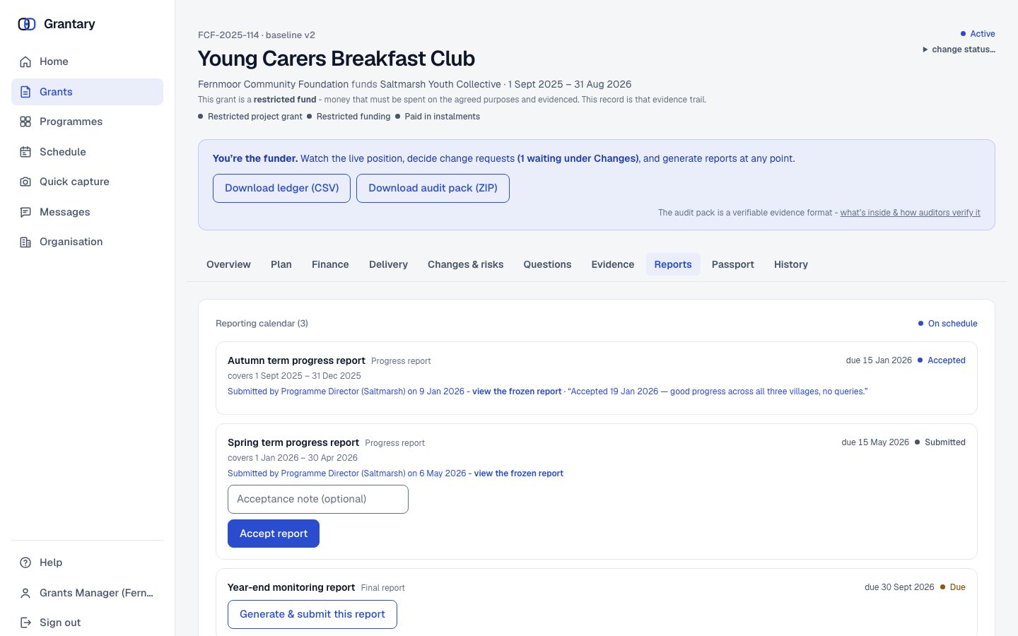 The reports tab: a reporting calendar with an accepted report, a submitted report awaiting acceptance, and a final report due