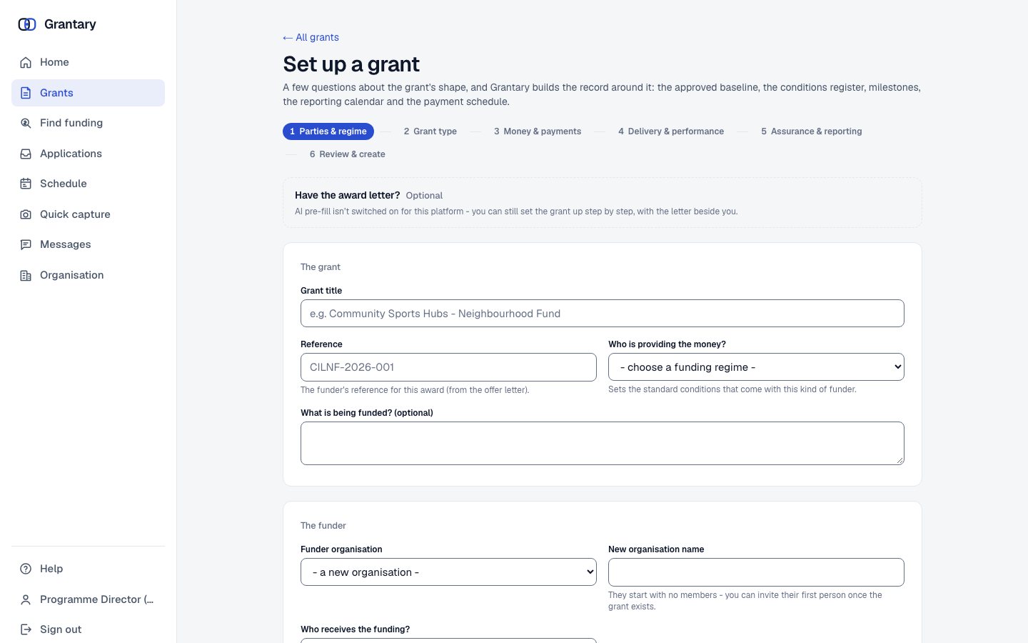 The grant setup wizard: a few questions about the grant’s shape and the record is built