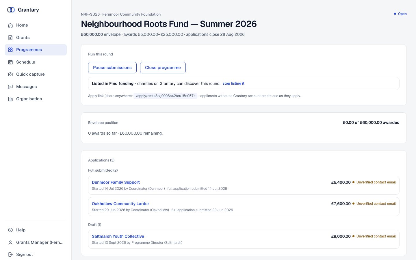 The Neighbourhood Roots Fund programme in Grantary: envelope position, listing in Find funding, and three applications with their verification state