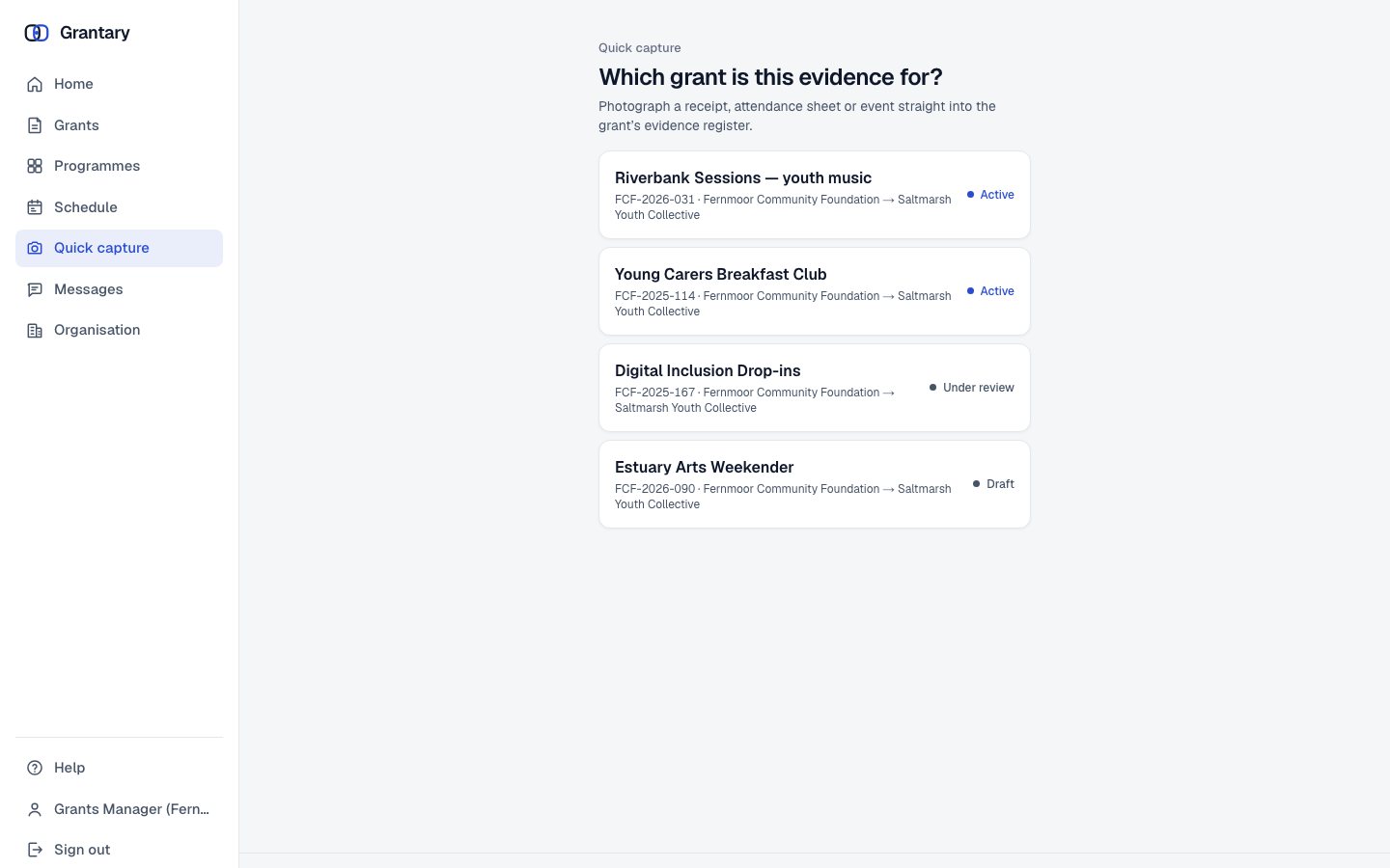 Quick capture asking which grant a photograph is evidence for