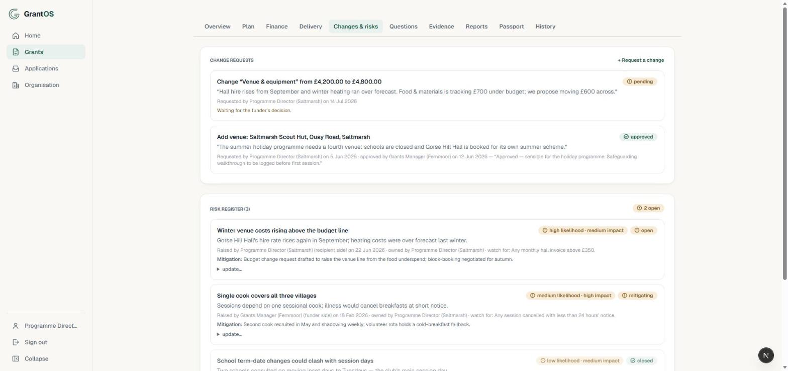 Change requests with pending and approved decisions, above a shared risk register with likelihood and impact ratings